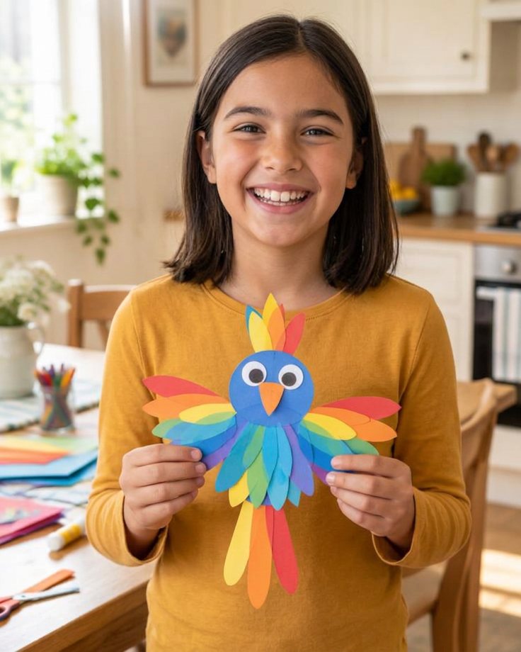 A ten-year-old girl holding a handmade paper craft